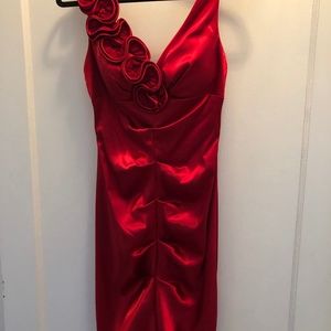 Satin Red Rusched Xscape Dress By Joanna Chen